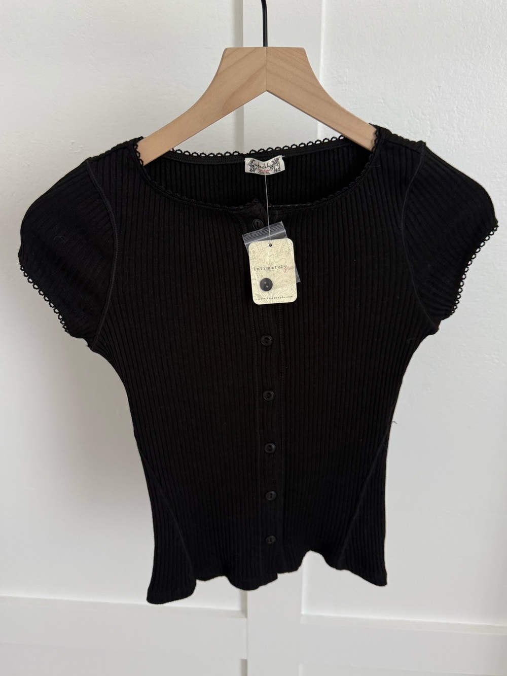 Free People Black Ribbed Button Front Short Sleeve Top